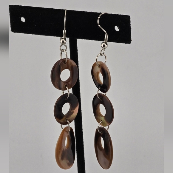 Iridescent Shell Dangle Earrings 3" Drop Triple Disc Boho Beach Jewelry Gift - Picture 5 of 10